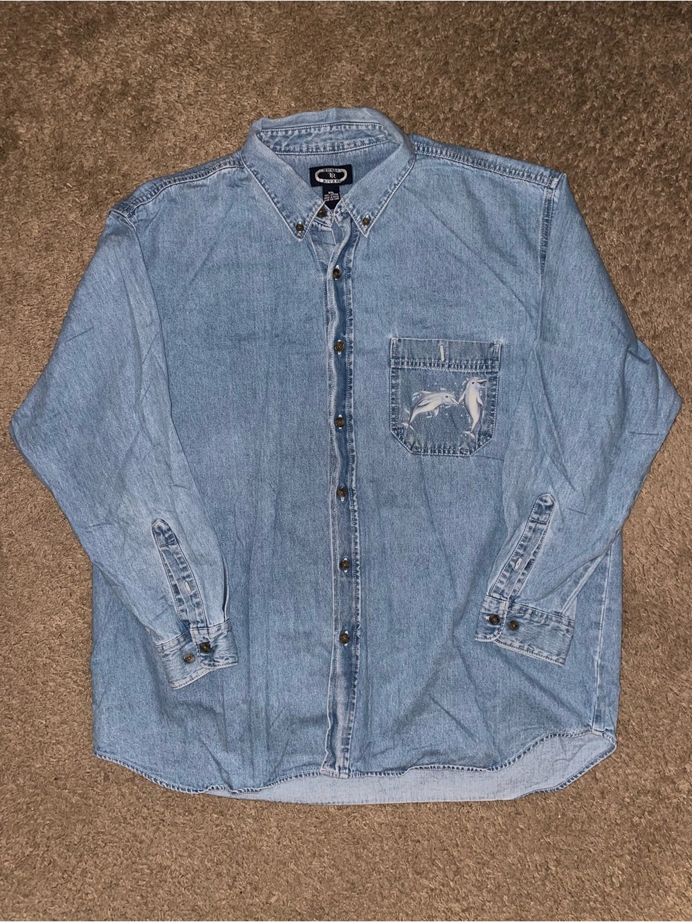 VTG 90s Three Rivers Light Wash Denim Button-Down Shirt, Dolphin Graphic Accent